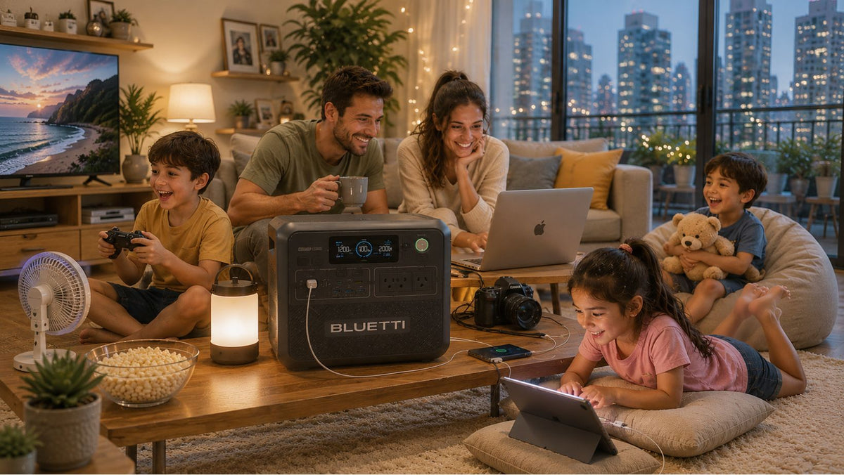 Family gathered around a BLUETTI power station in a modern living room with cityscape view.