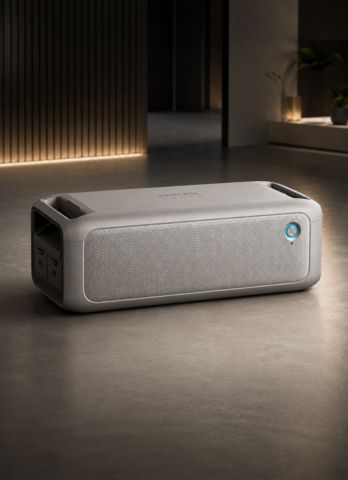 Gray portable speaker on a dark floor with a blurred background
