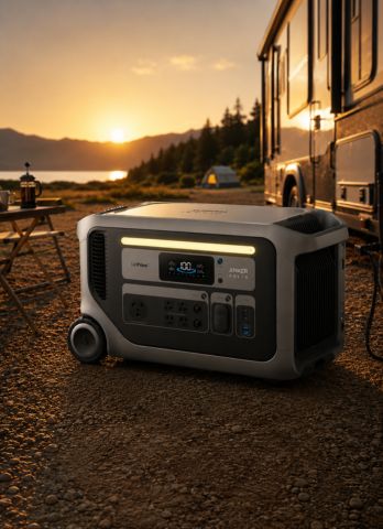 Portable power station in front of an RV with a sunset in the background