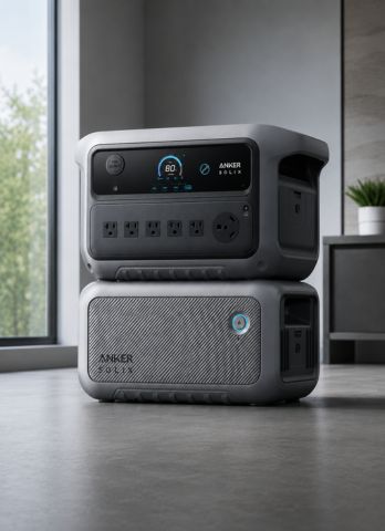 Two Anker power stations stacked on a concrete floor with a blurred indoor background