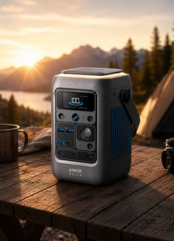 Anker Solix power station on a wooden table with a scenic background of mountains and trees.